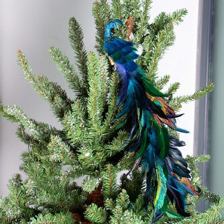 2Pcs Artificial Natural Feathered Peacocks with Long Tail Designs Christmas Tree Clip on Ornaments for Home Party Decor