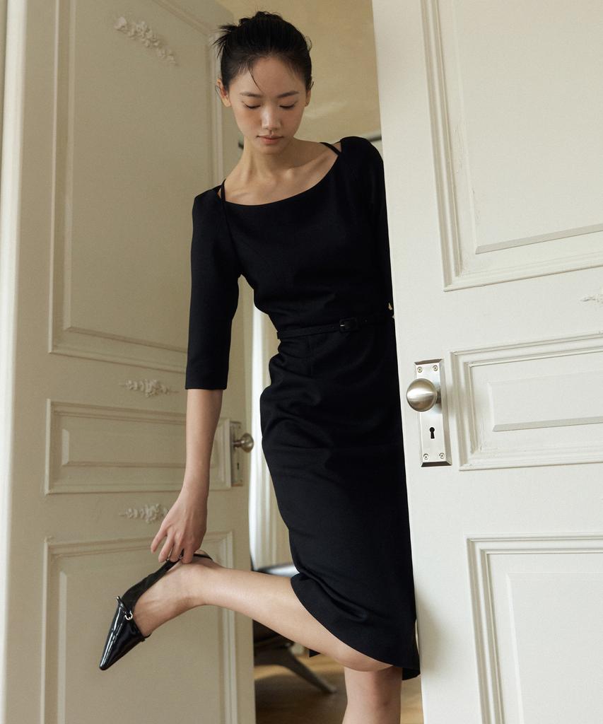 Lucirju Thalia Belted Boatneck Dress (Black)