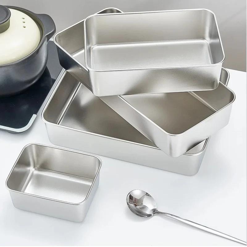 Stainless Steel Square Plate With Lid Rectangular Food Storage Pan Commercial Dish Tray Large Freshing Lunch Box Container