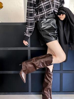 Модные женские сапоги с острым носком до колена на шпильках на тонком каблуке бежевого, белого, коричневого цвета, без застежек, модные туфли для женщин, размер 35-40