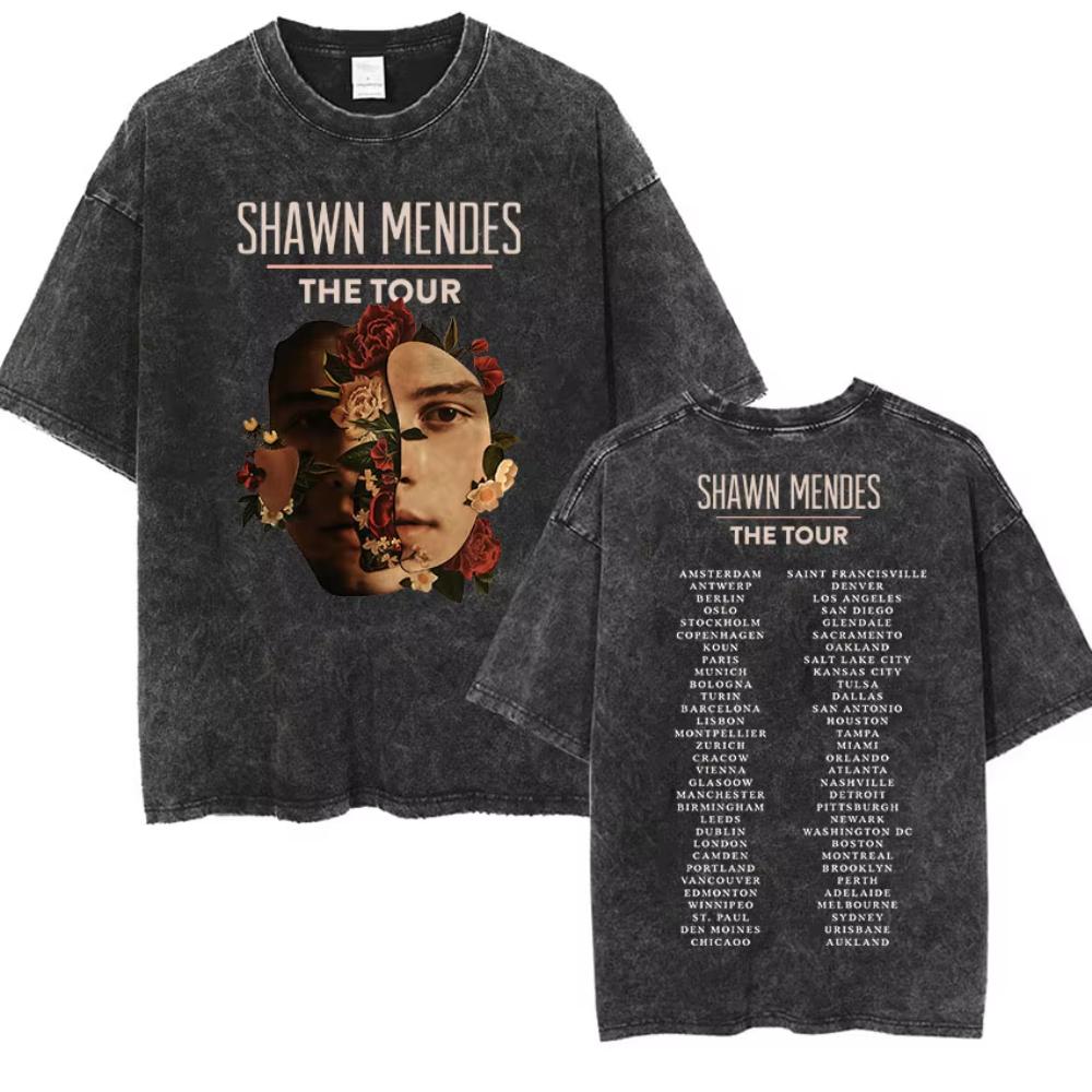 Rapper Shawn Mendes Tour  Album Vintage Washed Tee Shirt Mens Hip Hop Oversized Tshirt Fashion High Quality Cotton T Shirts