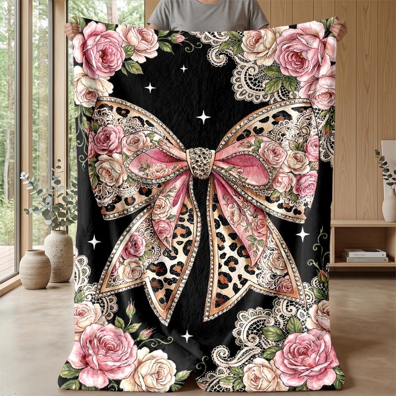 Rainbow Leopard Roses Bow Theme blanket Lightweight Warm Flannel Blanket Decorative Throw Blanket for Home Decoration