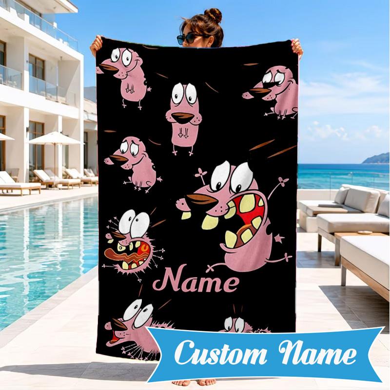 Custom Name Cowardly Dog Adventure Beach Towel Microfiber Beach Towel, Lightweight and Quick-Dry, for Summer Travel, Swimming Pool Gift