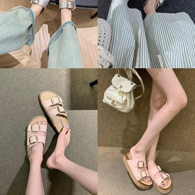 ~ Retro Double Buckle Belt Outer Wear Thick Bottom Heightening Beach Slippers Summer Outer Wear Women