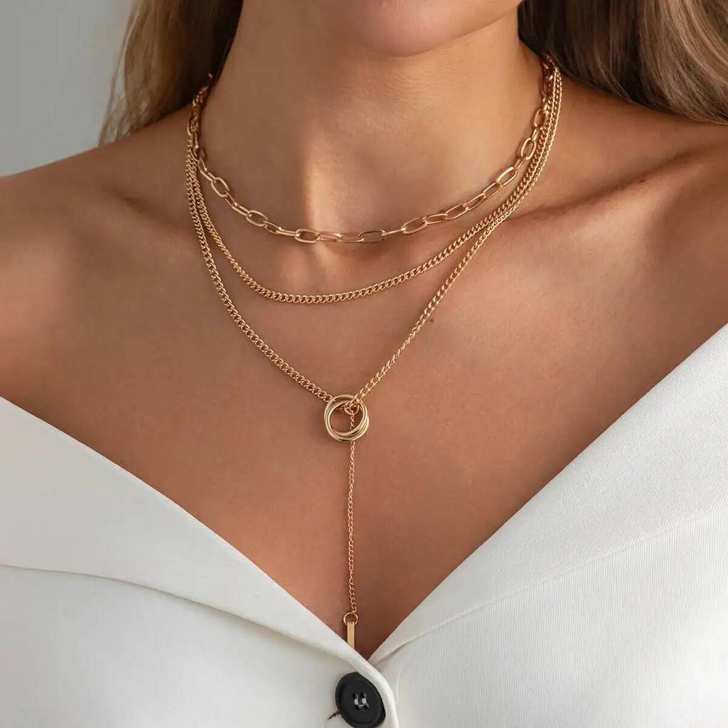SHIXIN Vintage DoubleLayered Hollow Round Charm Necklace Women Simple Gold Color Adjustable Metal Choker Chain Accessory Jewelry