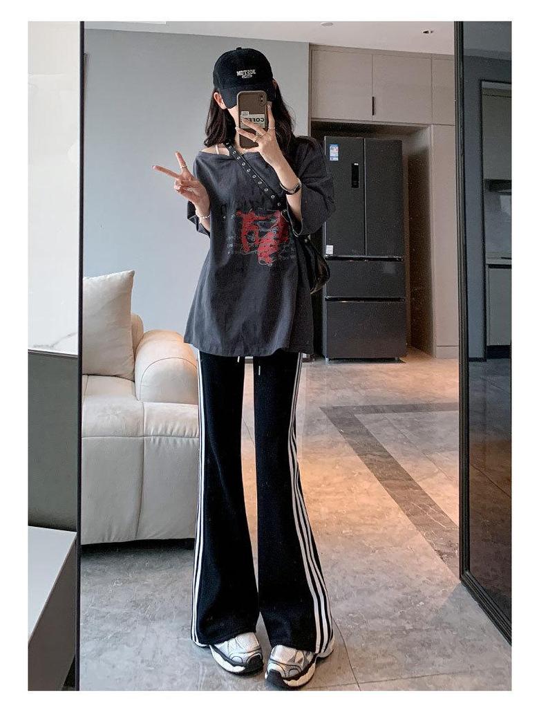 Хлопковые повседневные расклешенные брюки Mamba - Женские полосатые спортивные брюки с высокой талией (Коллекция осень/зима 2024)