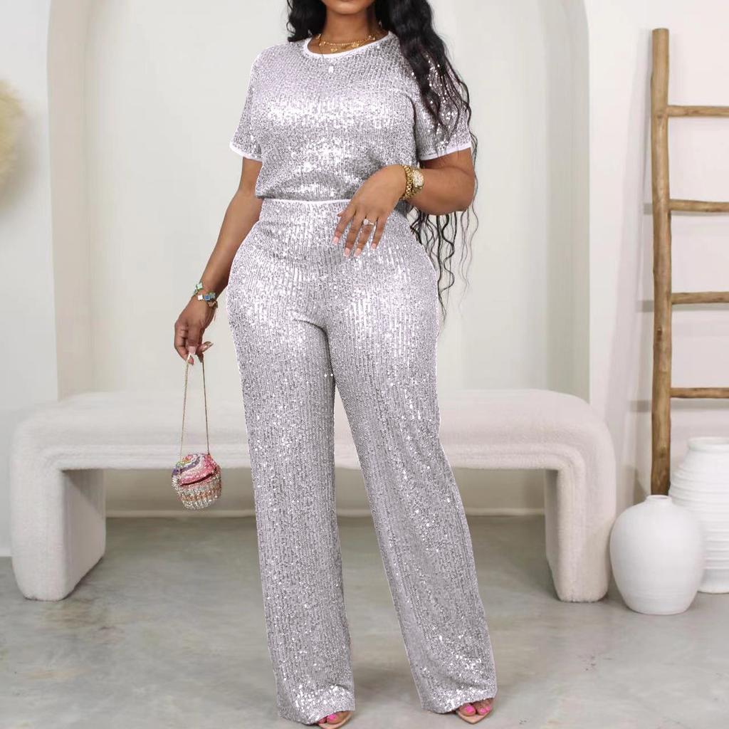 GMXIA Spring Summer Sequin Solid Color Short-sleeved Pants Two-piece Set