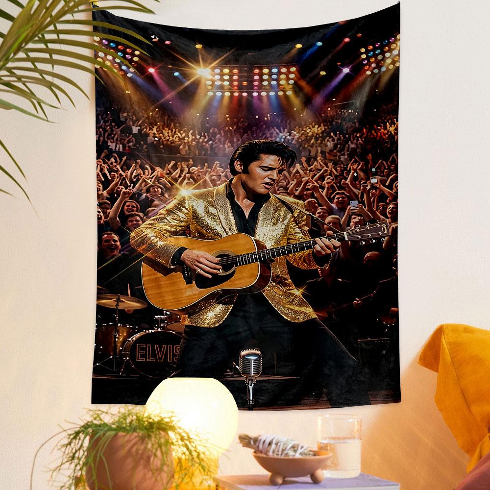 A performer in a gold jacket playing guitar on stage, with cheering crowd. Patterned tapestry for bedroom and living room home decor