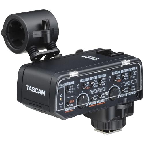TASCAM CA-XLR2d-F Mirrorless Camera Compatible XLR Microphone Adapter (Fujifilm Kit) 2-Channel Mixer/Preamp for Video Audio Recording, Interviews, and