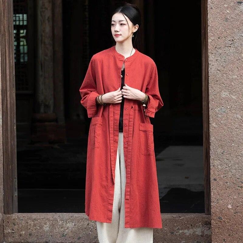 Johnature Women Chinese Style Bandage Trench Stand Long Sleeve Solid Color Autumn Coats Button Pockets Trench