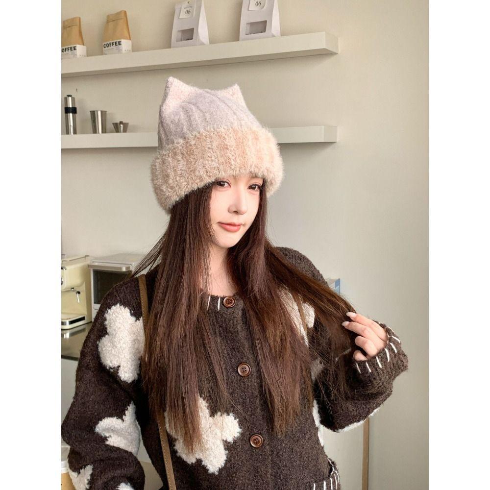 Faux Rabbit Fur Ear Protection Hat Warm Fluffy Cat Ear Beanie Cozy Knitted Beanie Hat For Women