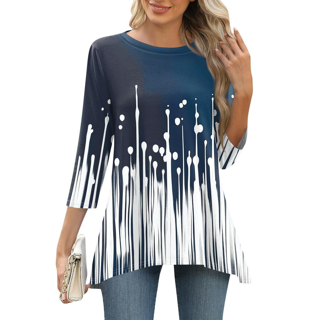 3/4 рукав туника топы для женщин принтованный повседневный выходной свободный крой модная базовая футболка с круглым вырезом