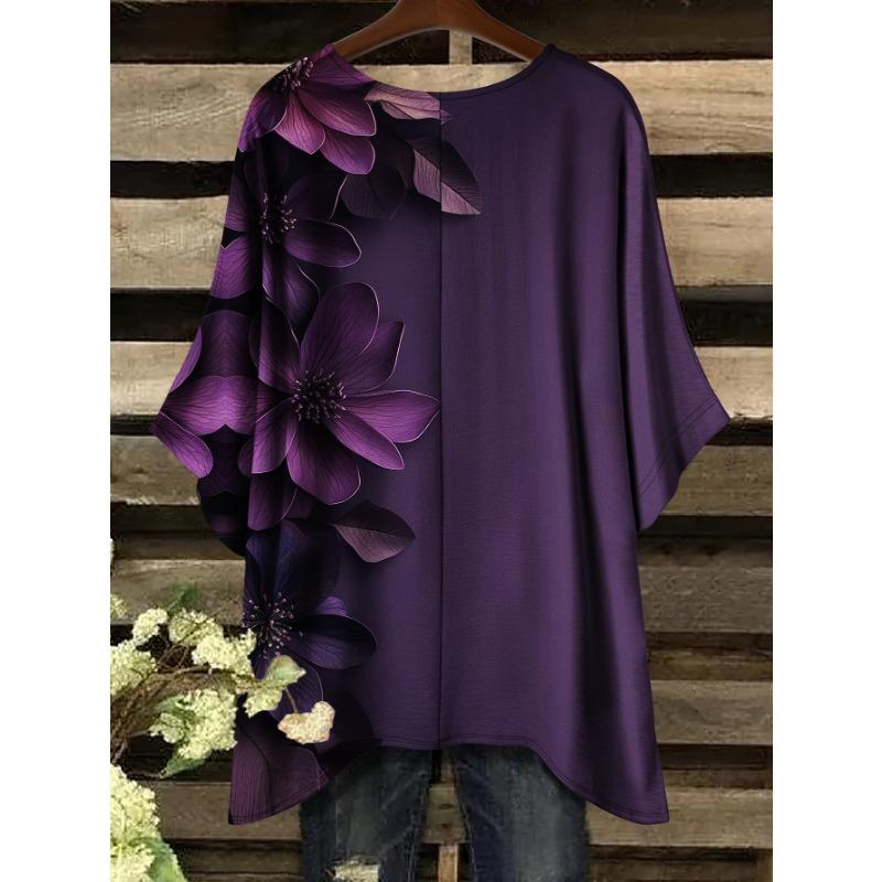 Большой размер, Женская повседневная футболка большого размера с коротким рукавом - Фиолетовый цветочный принт, Эластичный полиэстер, Круглый вырез, Можно стирать в машине, Комфорт круглый год