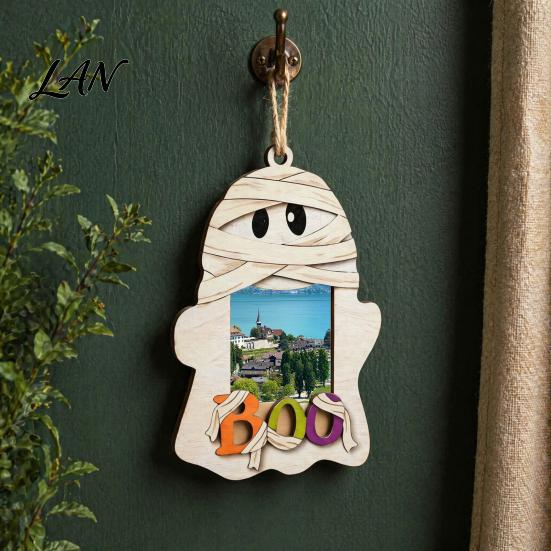 Halloween Home Wall Art Cute Ghost Wooden Photo Frame with Hanging Rope, Creative Theme Decor Picture for Holiday Party And Decoration