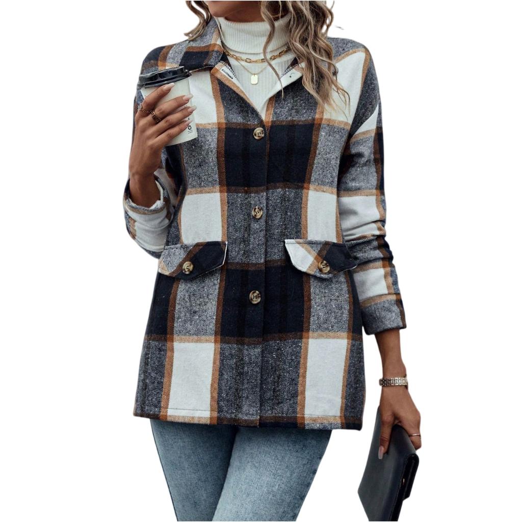 Women's Casual Fashion Woolen Plaid Long Sleeve Cardigan Jacket Top