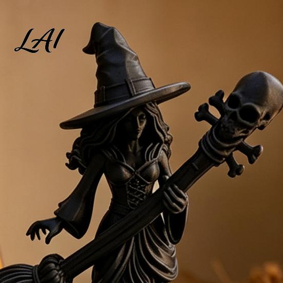 Spooky Party Booth Decor 3D Printed Halloween Witch Statue Black Figurine with Skull Broom Desktop Statue for Secret Room Gothic Mystical Sculpture