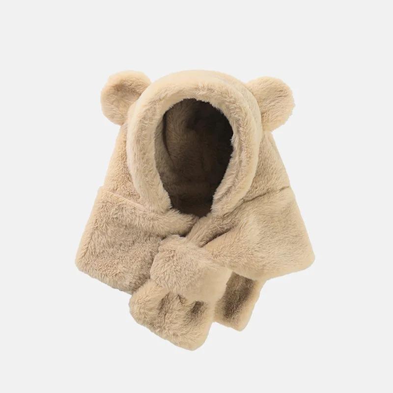 Faux Fur Winter Baby Hat Scarf One-Piece Soft Kids Cap for Girls Boys Cartoon Warmer Neck Ears Baby Bonnet Infant Accessories