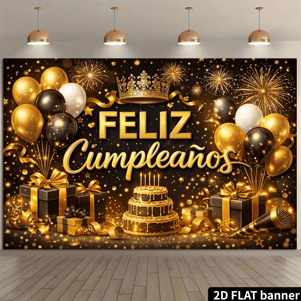 2D flat birthday-themed backdrop with a classic black and gold color scheme featuring a golden crown and "FELIZ Cumpleaños"