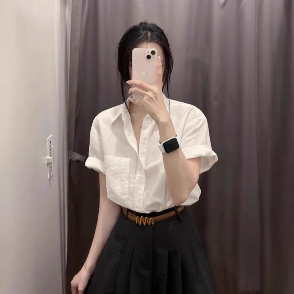 Green cotton and linen front shoulder short-sleeved shirt women's summer thin feel super good-looking linen shirt polo collar top