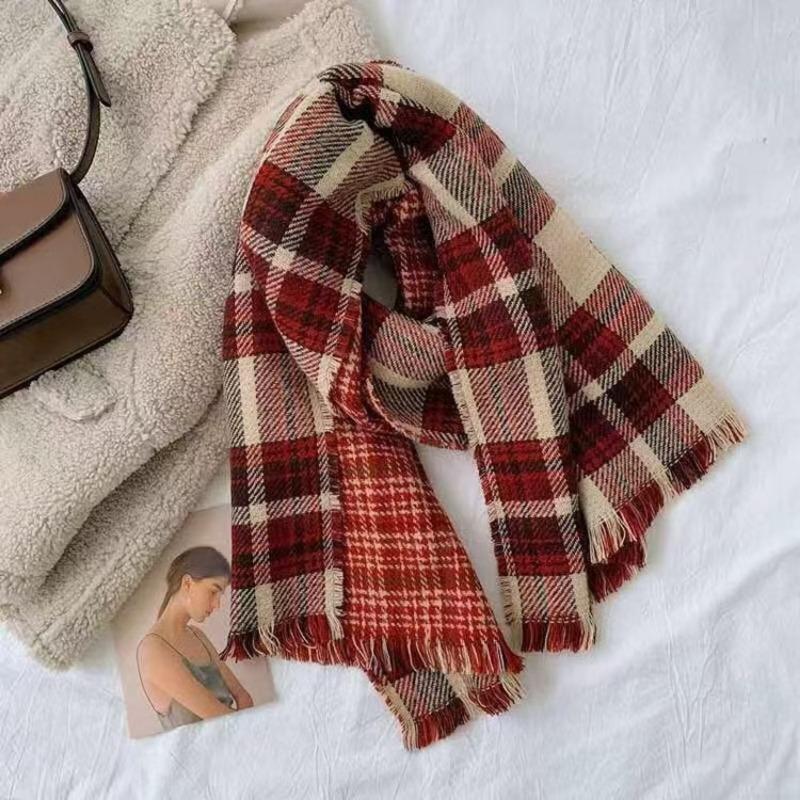 Scarf Plaid Girl Christmas Atmosphere Vintage Versatile Knitting Winter Premium Red Shawl Scarf Scarf