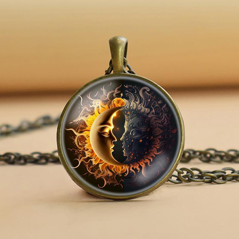 Moon and Sun Glass Cabochon Pendant, Moon and Sun Necklace, Moon Sun Jewelry for Women