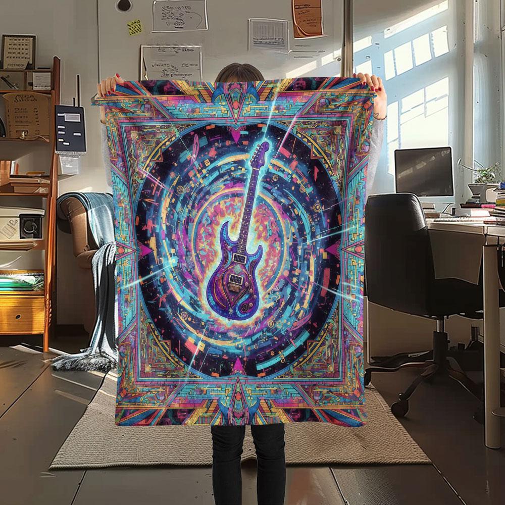 1Pc Vintageguitar Print Flannel Blanket, High quality Comfortable for All Seasons, Home Decor, Warmth and Comfort, Perfect for Christmas Gifts