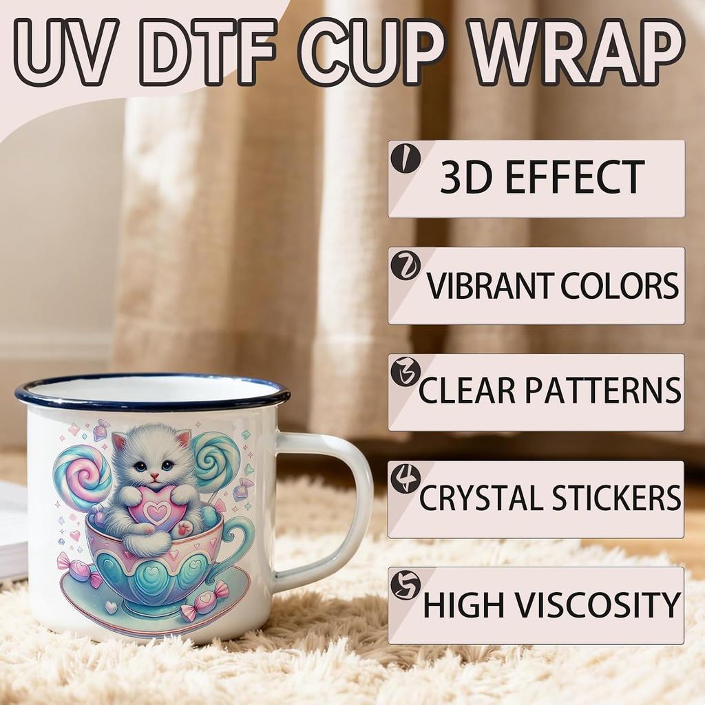 12PCS Teacup Cat UV DTF Cup Wrap Stickers | Artistic Patterns No-Heat Process Multi-Surface Long-Lasting Color Versatile Craft Supplies