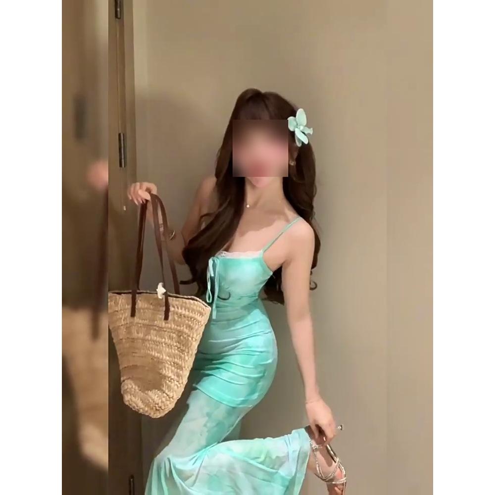 Синее платье-комбинация из цветочного кружева, женское летнее платье на Первомай для морского отдыха, красивое сетчатое платье с юбкой «рыбий хвост»