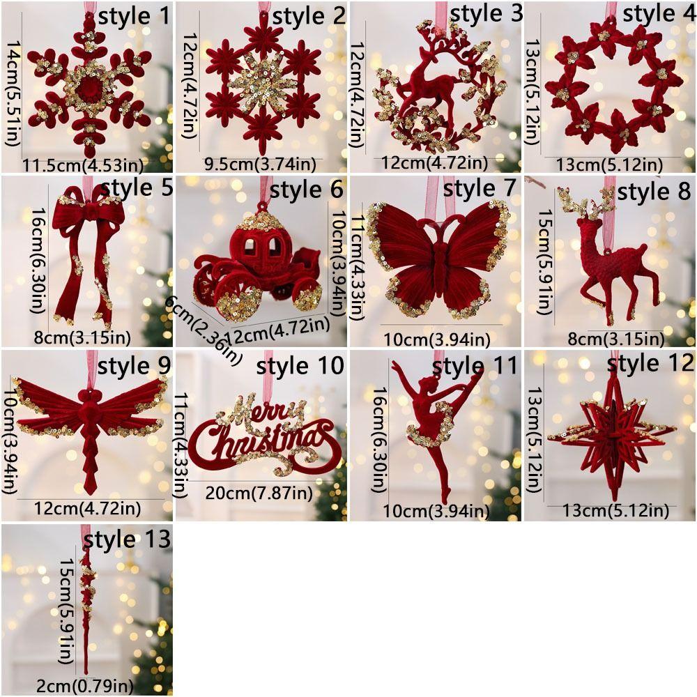 Wine Red Christmas Tree Pendant Glitter Bow Gold Sequin Snowflake Elk Hanging Ornaments Ice Bar Knot Girl Xmas Tree Pendant