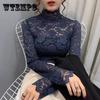 Spring Half High Collar Slim Long Sleeve T-shirt Women Autumn and Winter Hollow Lace Bottoming Shirt Top