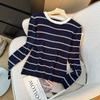 A New Autumn Color-blocking Round-neck Striped Knitted Sweater for Women, A Slimming and Youthful Base Layer