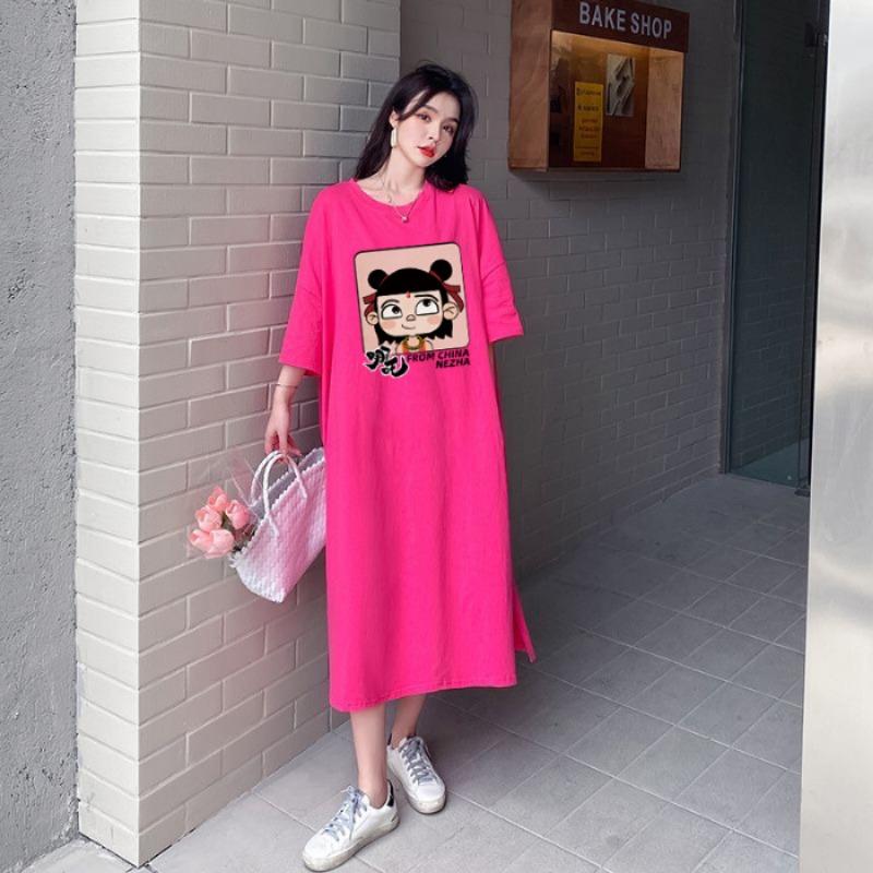 Женское свободное повседневное платье с коротким рукавом, маленький размер, большой размер, утягивающая футболка, платье выше колена