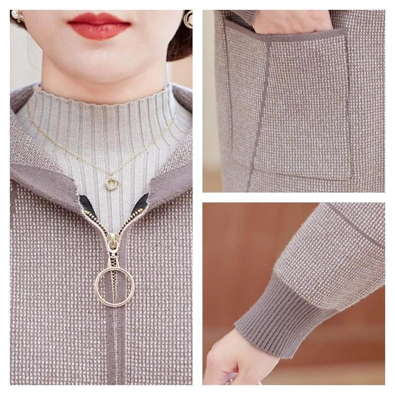 Весна и осень утолщенный карманный кардиган модный женский средний возраст короткий вязаный шерстяной пальто с капюшоном