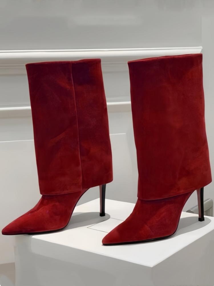 Полусапоги из замши до середины икры EU/US - Остроносые на шпильке Однотонные сапоги поверх брюк для женщин Офисный шик Зимняя обувь
