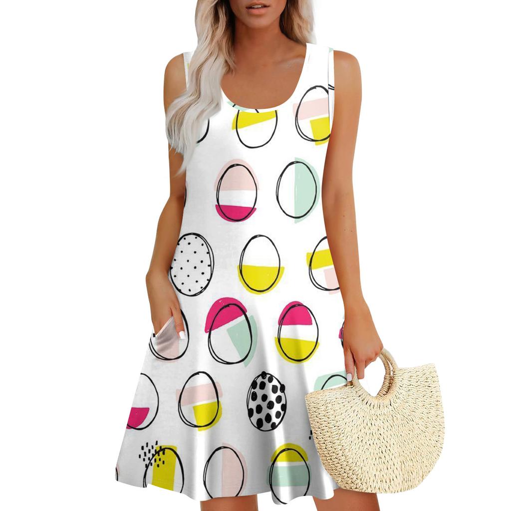Womens Summer Dresses Easter Print Loose U Neck Sleeveless Sundresses Dress With Pockets