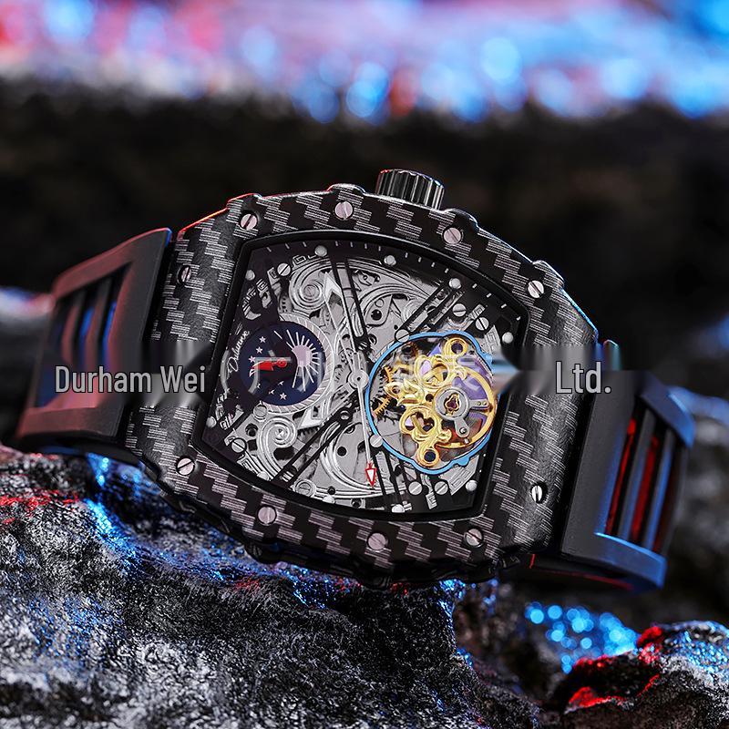 Мужские часы Durham Weida Tonneau Skeleton Tourbillon с автоподзаводом и резиновым ремешком.