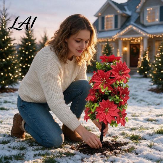 Realistic Poinsettia Stakes 22" Artificial Flowers with Ground Spikes Red Christmas Floral Stakes Waterproof Decorative Plants PVC Simulation