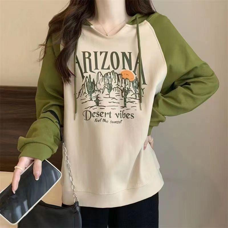 Женский свитер с капюшоном больших размеров, повседневный топ с длинным рукавом и принтом, свободный пуловер