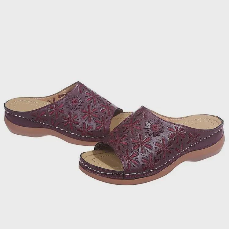 Женские босоножки на танкетке в стиле ретро 2021 года — круглый носок, однотонный цвет, алый дизайн, большой размер