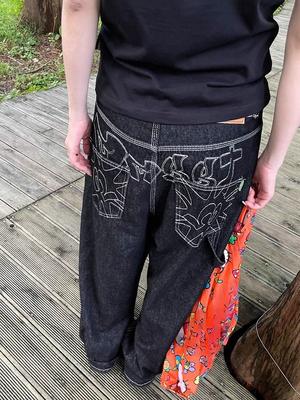 Большие размеры, американские вышитые широкие джинсы, женские летние с высокой талией, свободные темные прямые брюки в стиле ретро 2000-х годов, повседневные длинные брюки 2020 года