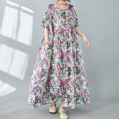 Платье больших размеров, женское платье 2024 года, новые летние стильные зеленые платья, свободные платья с круглым вырезом и цветочным принтом, новинка 1031