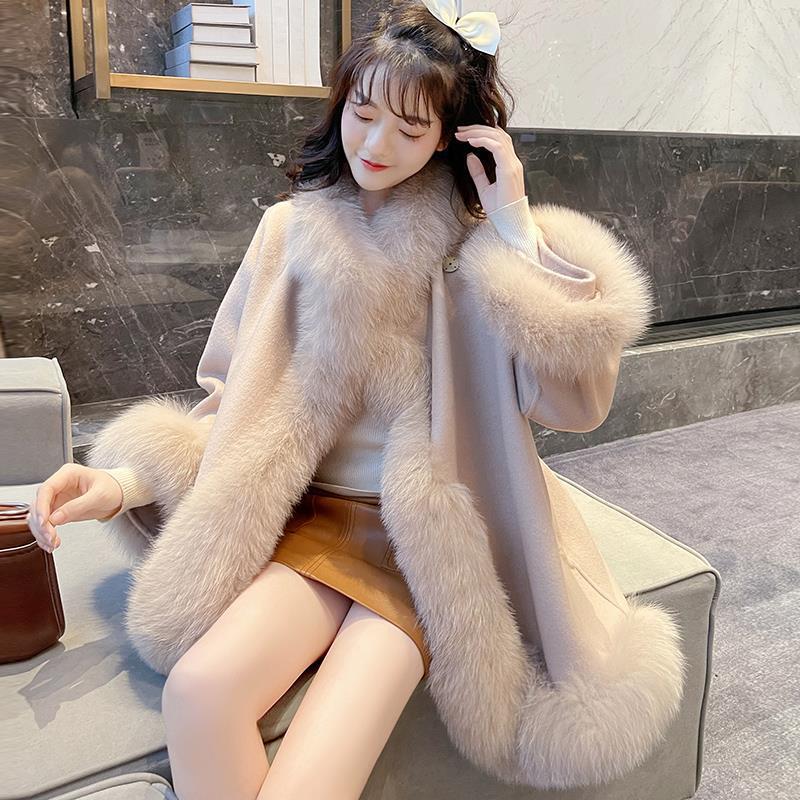 2024 новая зимняя корейская версия искусственного меха лисы пальто светская шаль шерстяное пальто шерстяная накидка