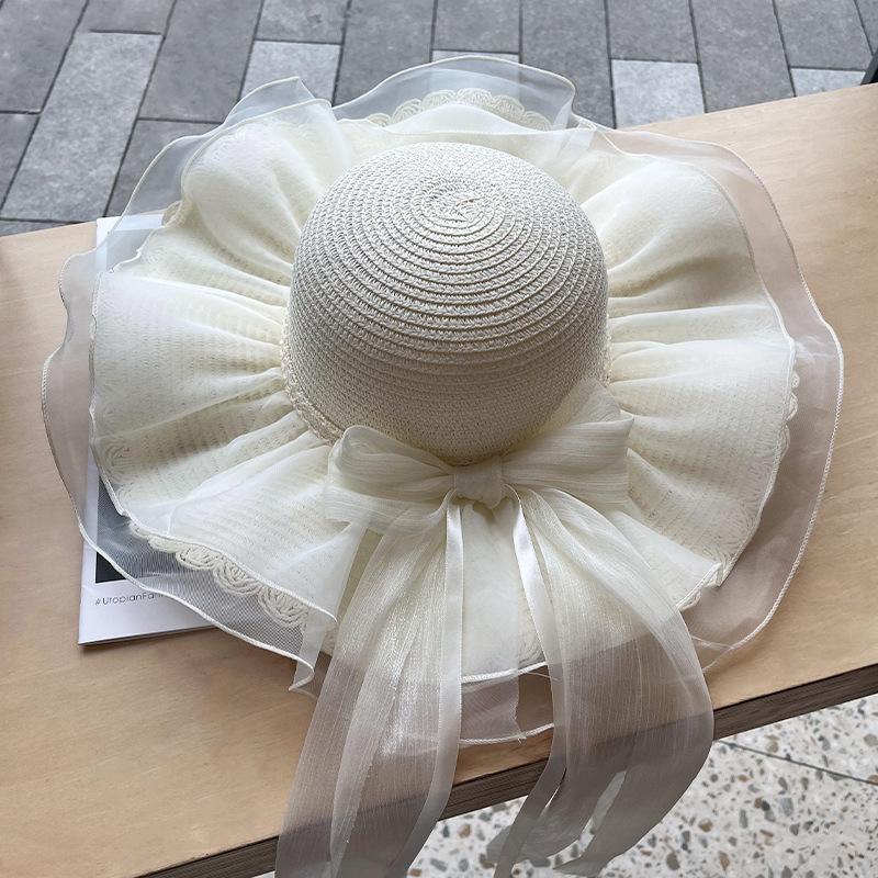 New French lace bow straw hat women's spring summer sun protection sun hat big eaves hat showing face small beach hat