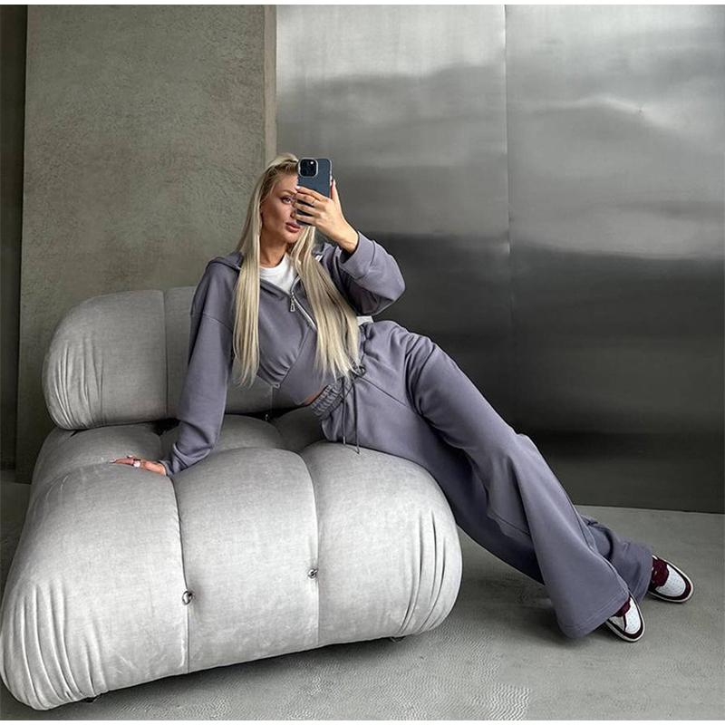 Casual Solid Color Hoodies Pants Set Women Long Sleeve Zipper Short Sweatshirt Slim Drawstring Trouser 2025 Spring Autumn New Lady Tracksuit