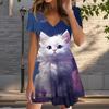 Летняя мода женские V-образный вырез короткий рукав кошачий узор печатных платьев сексуальные короткие юбки платья