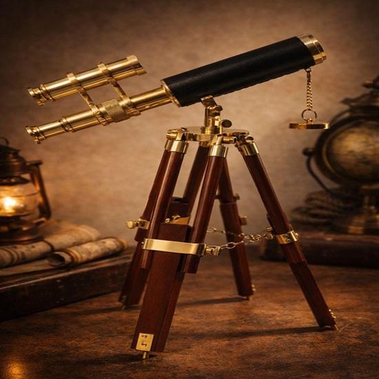 Brass Double Barrel Telescope 38.1 cm Nautical Decor with Wooden Tripod Ideal for Home, Office, Study, Library Birthday Gift