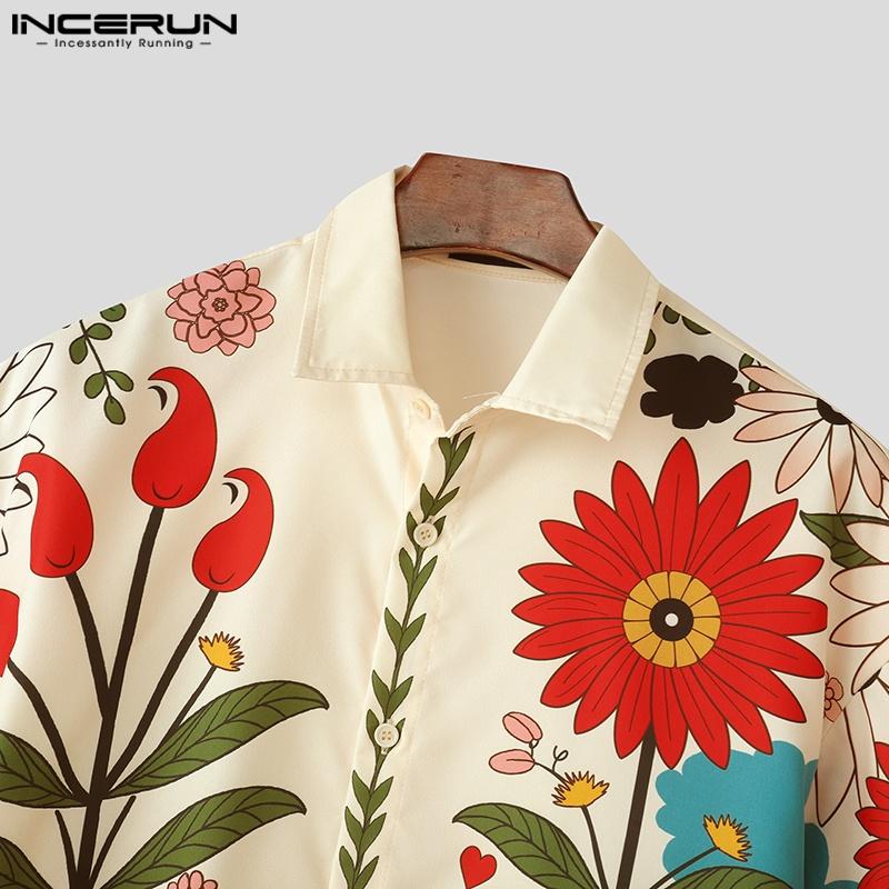 INCERUN Рубашки свободного покроя для мужчин с воротником-лацканами, рукавом 3/4, пуговицами, цветочным принтом, для отдыха