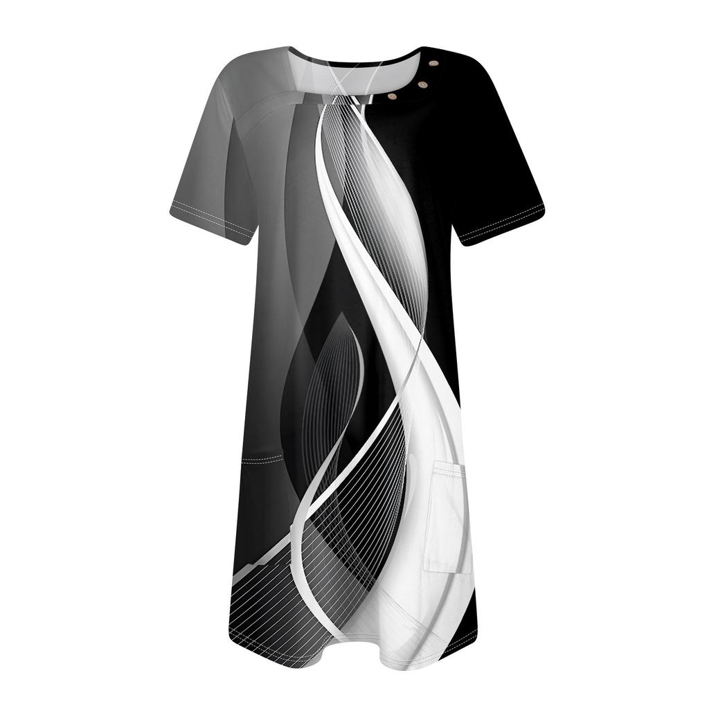 Женская мода, летние платья с квадратным вырезом и коротким рукавом, повседневные свободные платья с карманами и пуговицами в стиле пэчворк с принтом