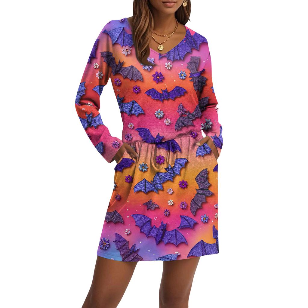 Women's Fashionable V-neck Long Sleeved Drawstring With Pocket Halloween Printed Casual Dress