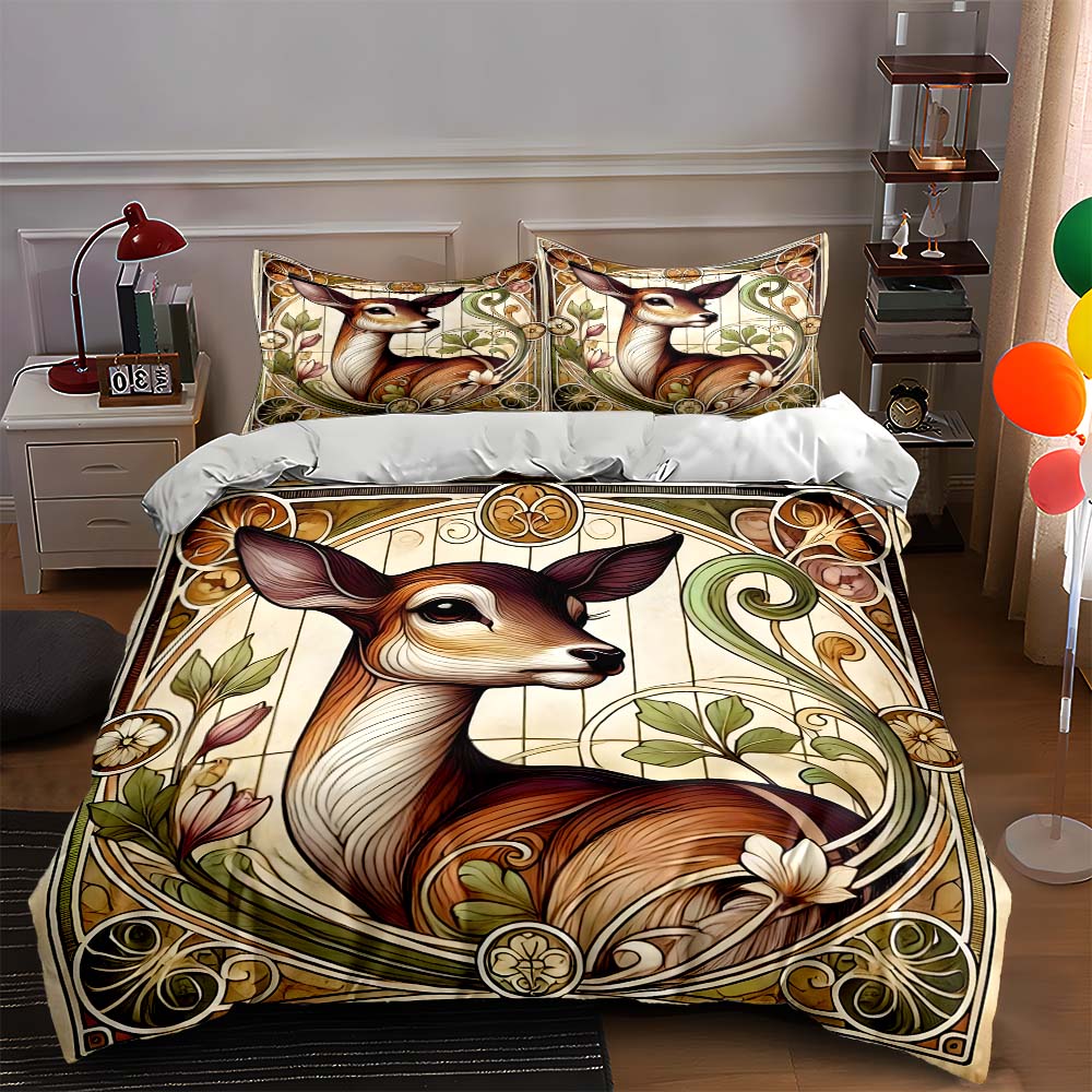 Deer floral art. Bedding Duvet cover sets Duvet covers Pillowcases gifts (1 * Duvet Cover 2 * Pillowcases, without duvet insert)